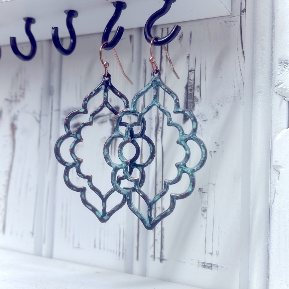 MOROCCAN TURQUOISE HAMMERED CASTING DANGLE FISH HOOK EARRINGS